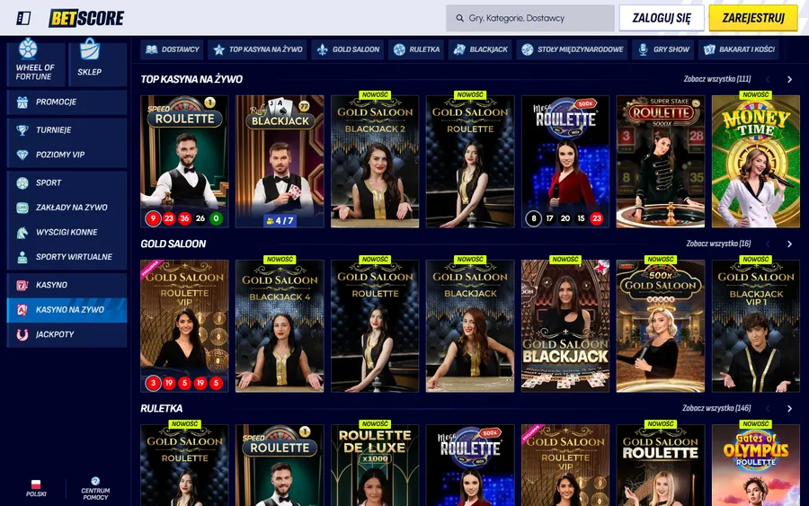 Lobby BetScore casino BetScore kasyno na żywo – lobby ze stołami ruletki, blackjacka i gier show